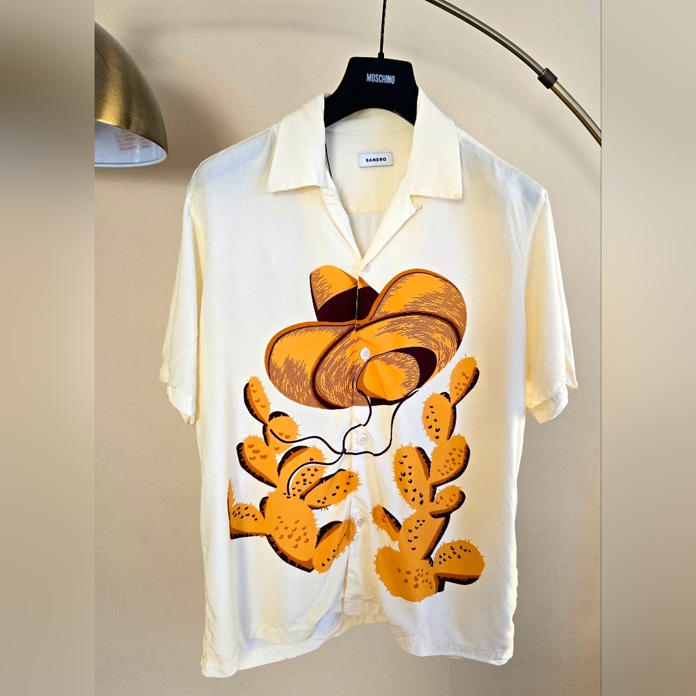 NWT SANDRO Light Yellow Graphic Print Short Sleeve Shirt Size:XL